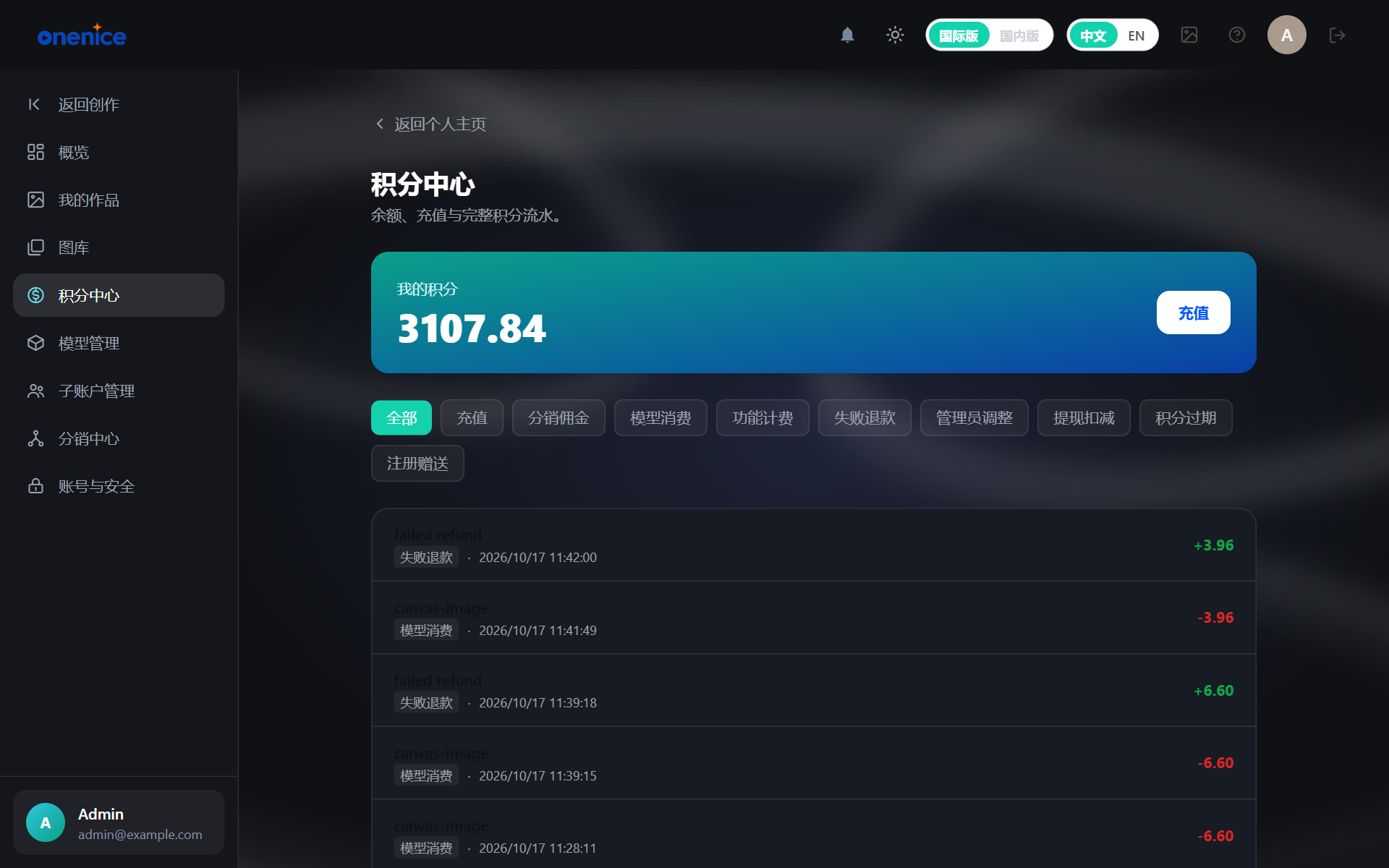 Credits center page
